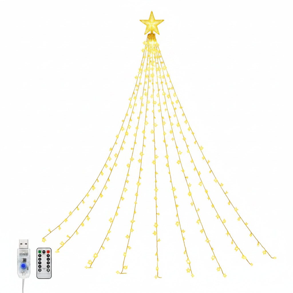 WoskjXas Christmas Tree Waterfall Lights 9-Piece 198 LED 2 m 8 Modes Remote Control USB IP65